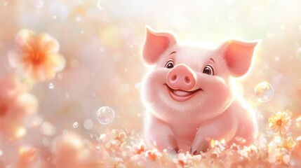 Adorable Pink Piglet in a Flowery Meadow Happy Springtime Delightful Illustration