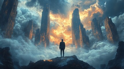 A man stands on a mountain top in front of a large, glowing mountain