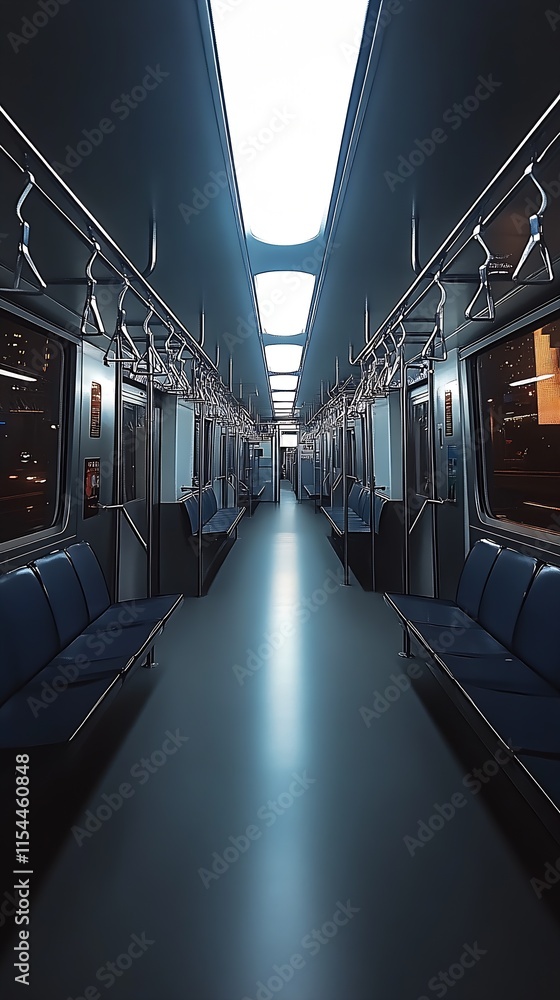 Poster wide angle view of an empty subway car interior with bright cool lighting : generative ai