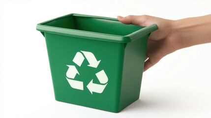 Hand Presenting a Model Recycling Bin with a Green Recycling Symbol, Representing Waste Reduction and Eco-Friendly Practices on a White Background