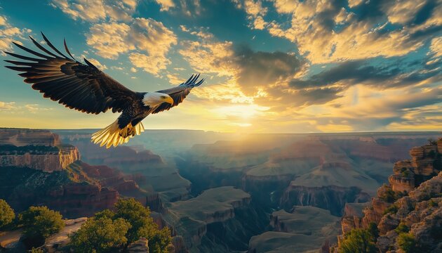 Eagle Soars Above The Grand Canyon In The United States Of America - This Majestic Bird Spreads Its Wings Over The Magnificent Canyon Landscape.