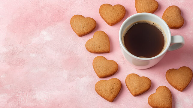 cup of coffee with heart shaped cookies on pink background  - Powered by Adobe