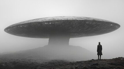 A man stands on a hill looking at a large, alien shaped object