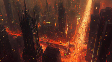 Breathtaking aerial view of a bustling metropolitan city at dusk the image showcases a vibrant urban landscape with towering skyscrapers a busy road network with vehicles. Ironscape. Illustration
