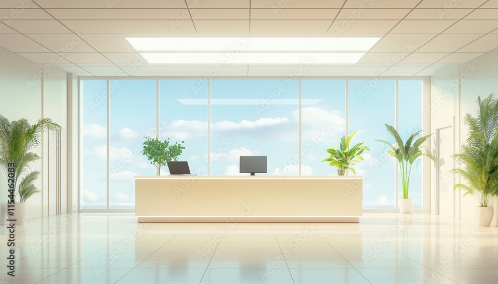 Poster modern reception desk with laptop in spacious company lobby with multiple doors and large panoramic 