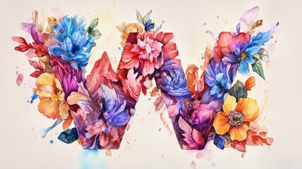 Vibrant Watercolor Floral Letter W Design Artistic Botanical Alphabet Illustration