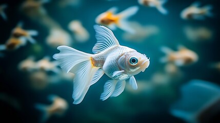 White Goldfish Elegantly Gliding in a Lively Aquarium with Contrasting Colors : Generative AI