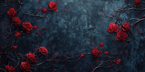 Dark Romantic Roses and Hearts on Twisted Branches