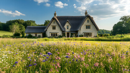 Charming countryside manor in Wiltshire England with thatched roof and wildflower meadow