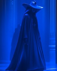 Naklejka premium Mysterious figure in long cape and wide-brimmed hat, dark blue lighting.
