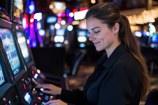 A cheerful woman enjoying her time at the casino, deeply engaged with slot machines, representing joy and entertainment in a lively gaming environment.
