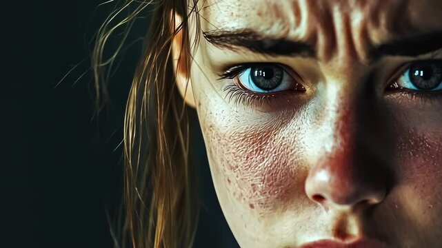 A young Caucasian girl, approximately 14 years old, displays a serious expression. The dim lighting highlights her freckles and blue eyes, creating a mood of contemplation and intensity.