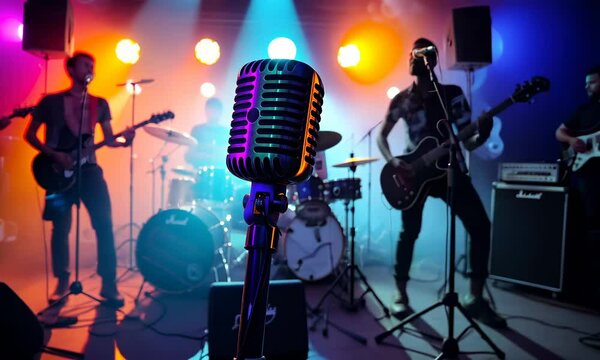 Microphone in focus with band performing energetically vibrant concert setting