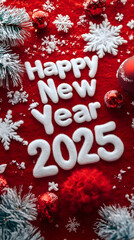 Festive New Year 2025 celebration with red and white decorations and winter themed elements