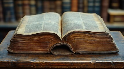 Obraz premium Open antique book on wooden surface with blurred bookshelf background.