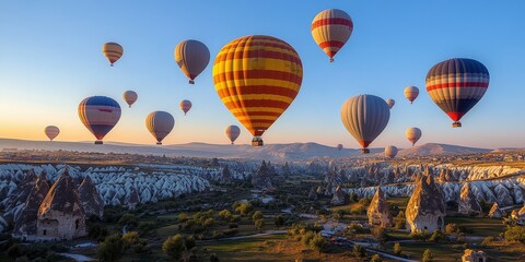 Stunning Hot Air Balloon Adventure in Cappadocia: Spectacular Sunrise Landscape with Balloon-Filled Sky and Unique Rock Formations - Aerial Photography Marvel