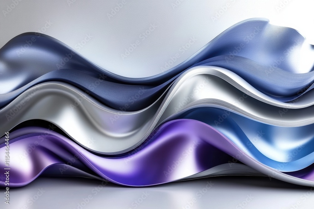 Poster dynamic waves of abstract 3d fabric flowing in shades of blue and purple with smooth textures showca