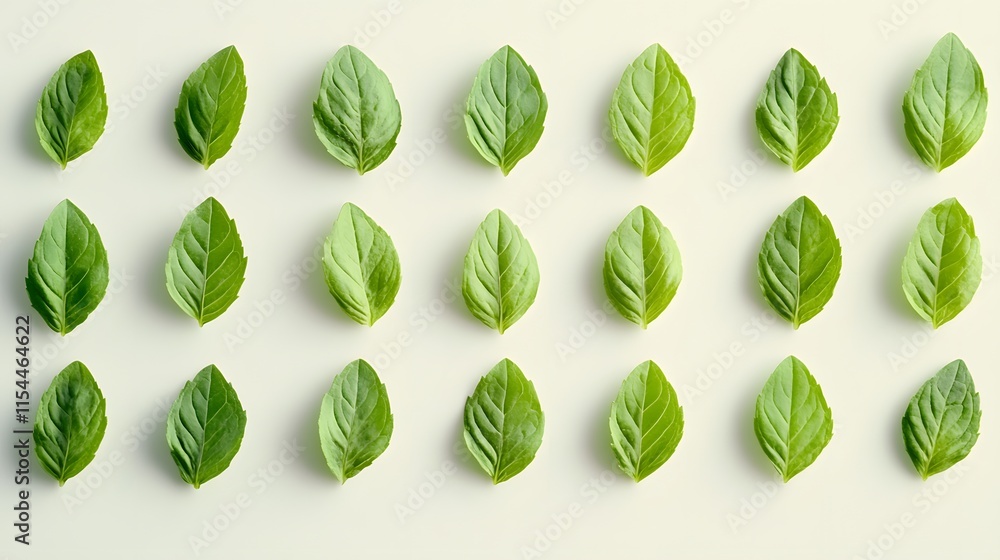 Poster a flat lay image featuring twenty-four vibrant green basil leaves arranged in a neat, symmetrical pa