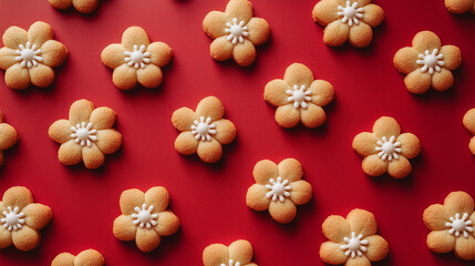 Fototapeta premium flowers-shaped cookies on a red background