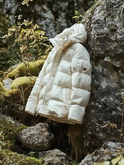 Elegant White Down Jacket Displayed on Mossy Rock Background