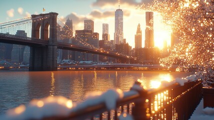 Snowy Brooklyn Bridge sunset over Manhattan skyline.