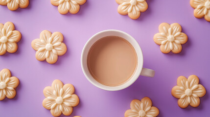 cup of coffee with flowers shaped cookies on purple background 