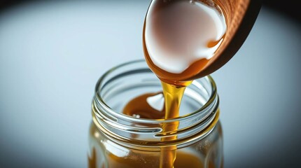 A jar of golden honey with a honey dipper dripping honey into the jar, isolated on a pristine white background