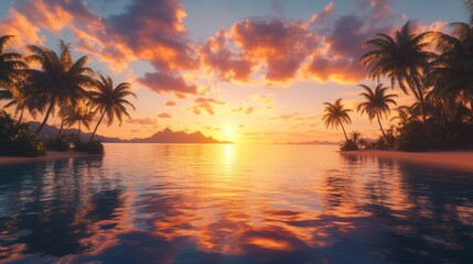 Serene sunset over a tranquil ocean with palm trees and vibrant clouds.