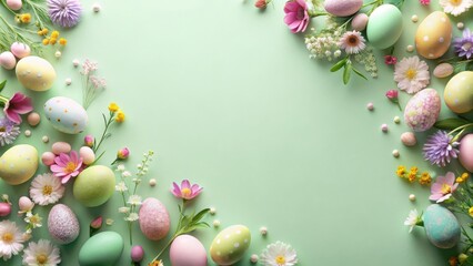 A festive springtime background with pastel-colored Easter eggs and delicate flowers, creating a joyful celebration of the season.