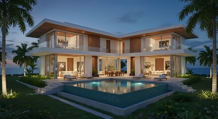 Fototapeta premium Luxury Beachfront Modern Home Ocean View Sunset Pool