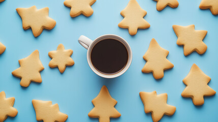 christmas tree-shaped cookies and cup of coffee on a blue background