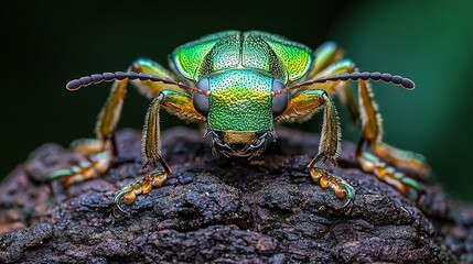 Fototapeta premium A close-up shot of a green bug perched on a wooden plank, surrounded by an out-of-focus background