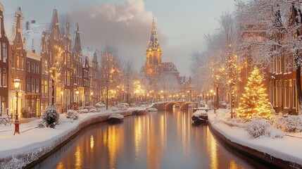 Fototapeta premium Snow-covered canal-side street with Christmas lights and church.