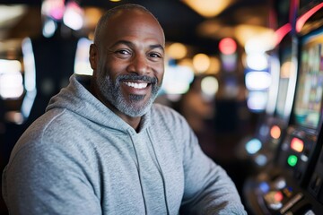 Fototapeta premium A joyful and smiling man with a beard sits at a slot machine in a casino, representing happiness and enjoyment in a lively gaming environment filled with colors.