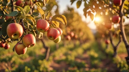 Fruit farm with apple trees. Branch with natural apples on blurred background of apple orchard in golden hour. Concept organic, local, season fruits and harvesting.