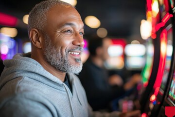 Fototapeta premium A happy man engages with a slot machine in a busy casino, showcasing a joyful expression and a carefree attitude, surrounded by vibrant lights and sounds of excitement.