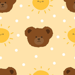Hand drawn cute bear face in kawaii style seamless pattern. Ideal print for fabrics, textiles, backdrop, wrapping paper, children product, etc