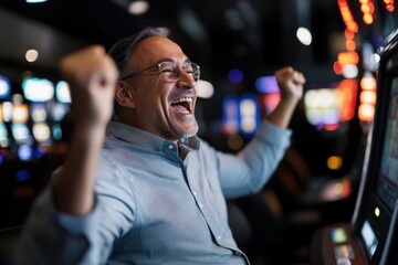 A jubilant man celebrates a winning moment at a casino slot machine, capturing the excitement and thrill of gaming and highlighting the exhilaration of chance.