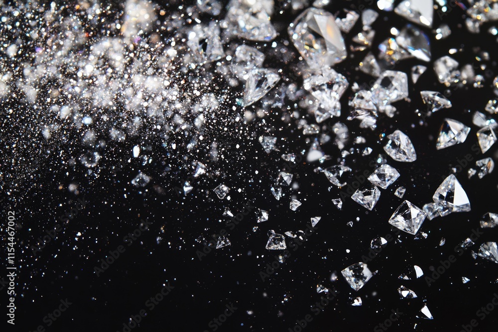 Poster diamonds sparkling and glittering, scattered against a black backdrop, creating a dazzling display o