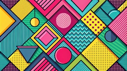 A vibrant geometric abstract pattern featuring bold shapes, stripes, and polka dots in a playful and energetic color scheme.