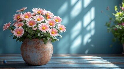 Pink chrysanthemum flowers in a terracotta pot on a wooden table, sunlight.