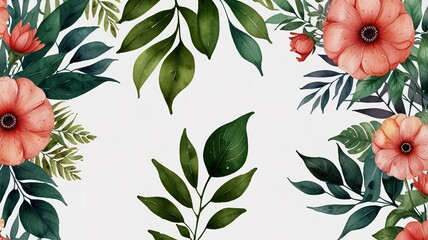 Watercolor frame template mockup with flowers and leaves