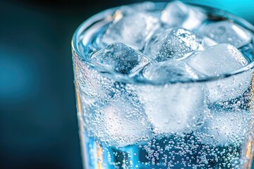 Close-up of a glass filled with sparkling water and ice cubes.