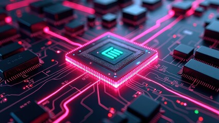 Close-Up of a Modern Computer Chip on a Circuit Board with Neon Lighting

