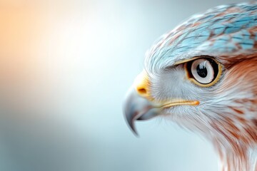 Obraz premium Close-up view of a hawk with striking features showing its keen eye and detailed plumage in soft natural light