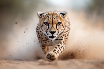 Fototapeta premium Cheetah sprinting through the dusty landscape in pursuit of prey during golden hour in the savanna
