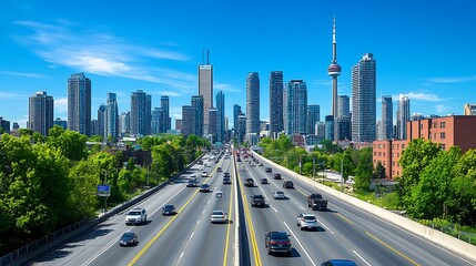 Fototapeta premium An Urban Skyline View with Clear Blue Skies and Modern Architecture