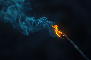 A burning wooden stick with blue smoke trails against a dark background.