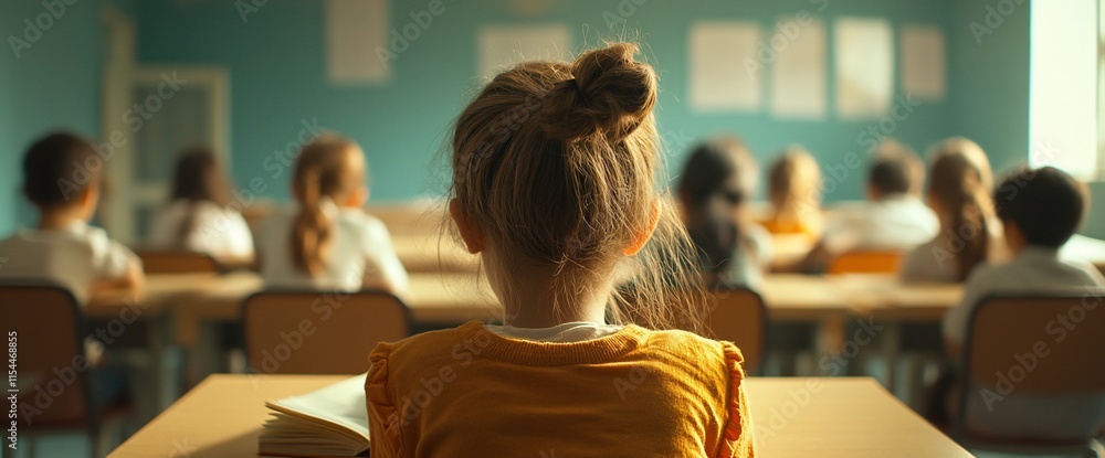 Poster a child sits at a desk in a classroom, facing a group of students.