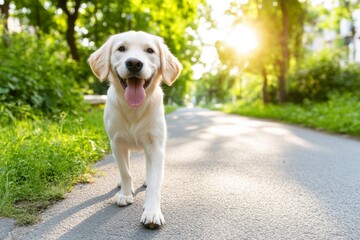 A golden retriever strolls down a rural dirt path